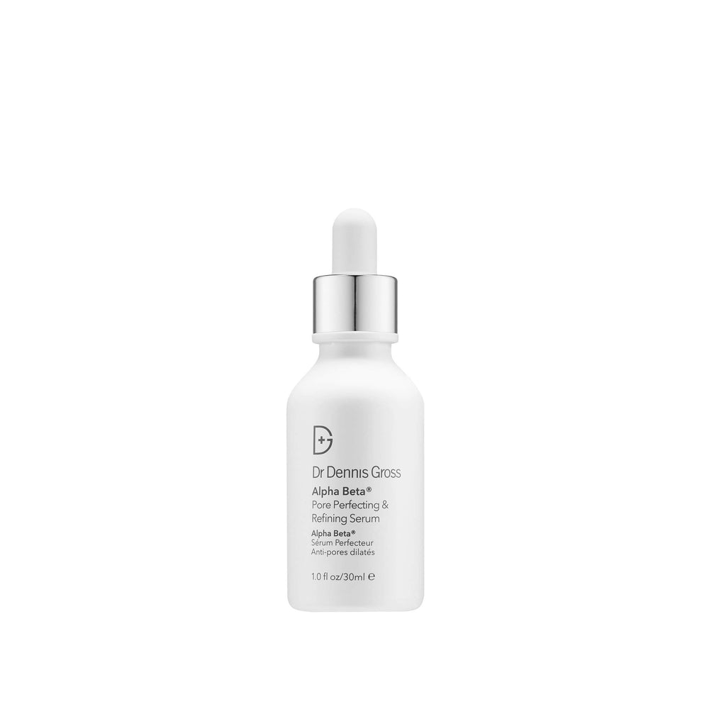 Dr. Dennis Gross Alpha Beta Serum, bouteille, pores plus nets et teint uniforme.