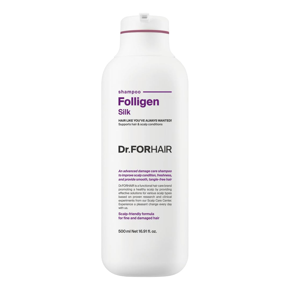 Dr.FORHAIR Folligen Silk Shampoing, bouteille 500 ml, offre volume et fraîcheur.