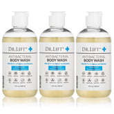Gel douche antibactérien DR. LIFT, lot de trois bouteilles prêt à l’emploi pour l’hygiène quotidienne.