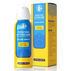 Dr. Piercing Aftercare brume fine sur bouteille d’eau saline stérile.