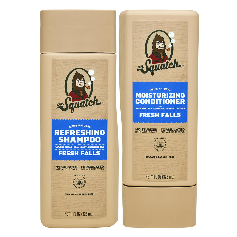 Dr. Squatch Fresh Falls shampoing en bouteille nettoie en douceur les cheveux.