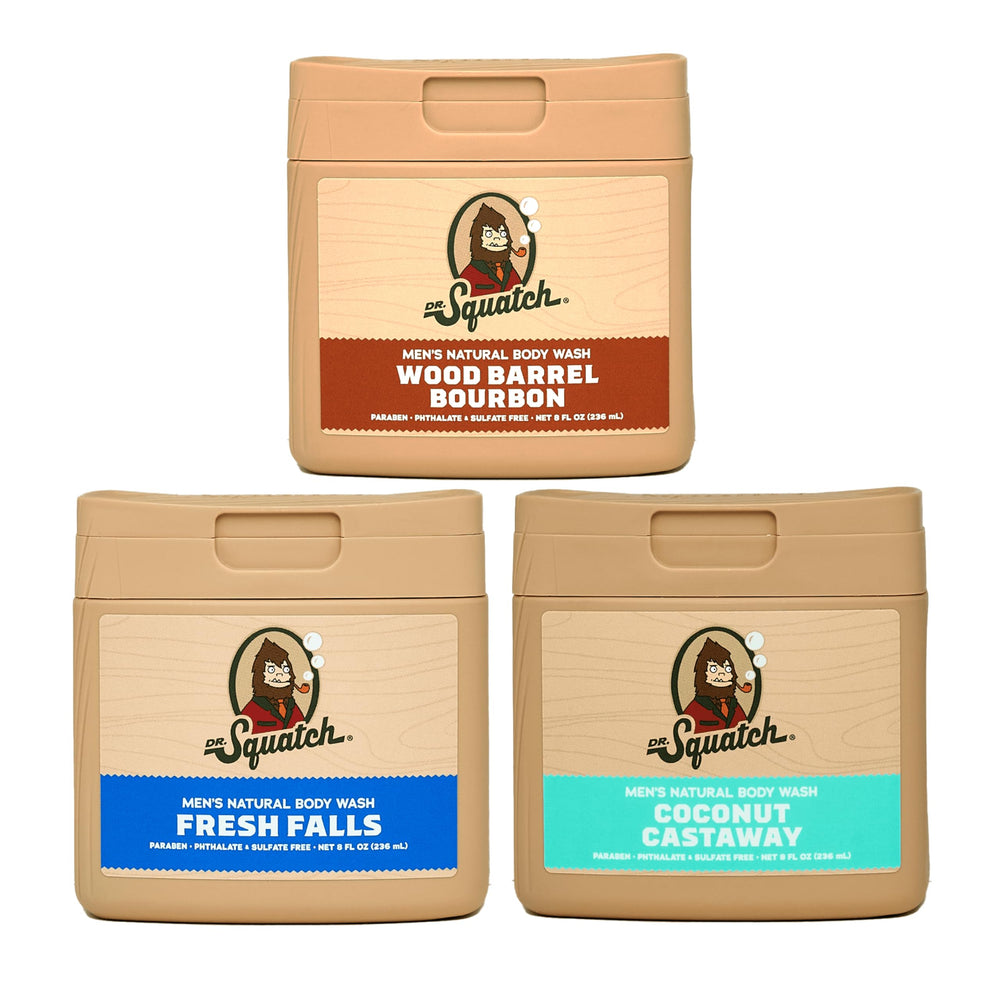 Dr. Squatch baril-bois bourbon — flacon mis en valeur, hydratation longue durée.