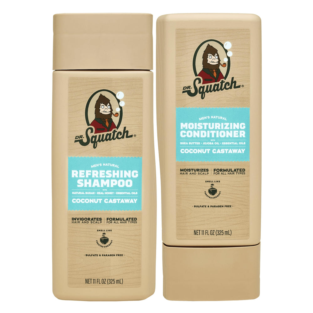 Dr. Squatch Shampoing Coconut Castaway en flacon pour cheveux propres et parfumés.