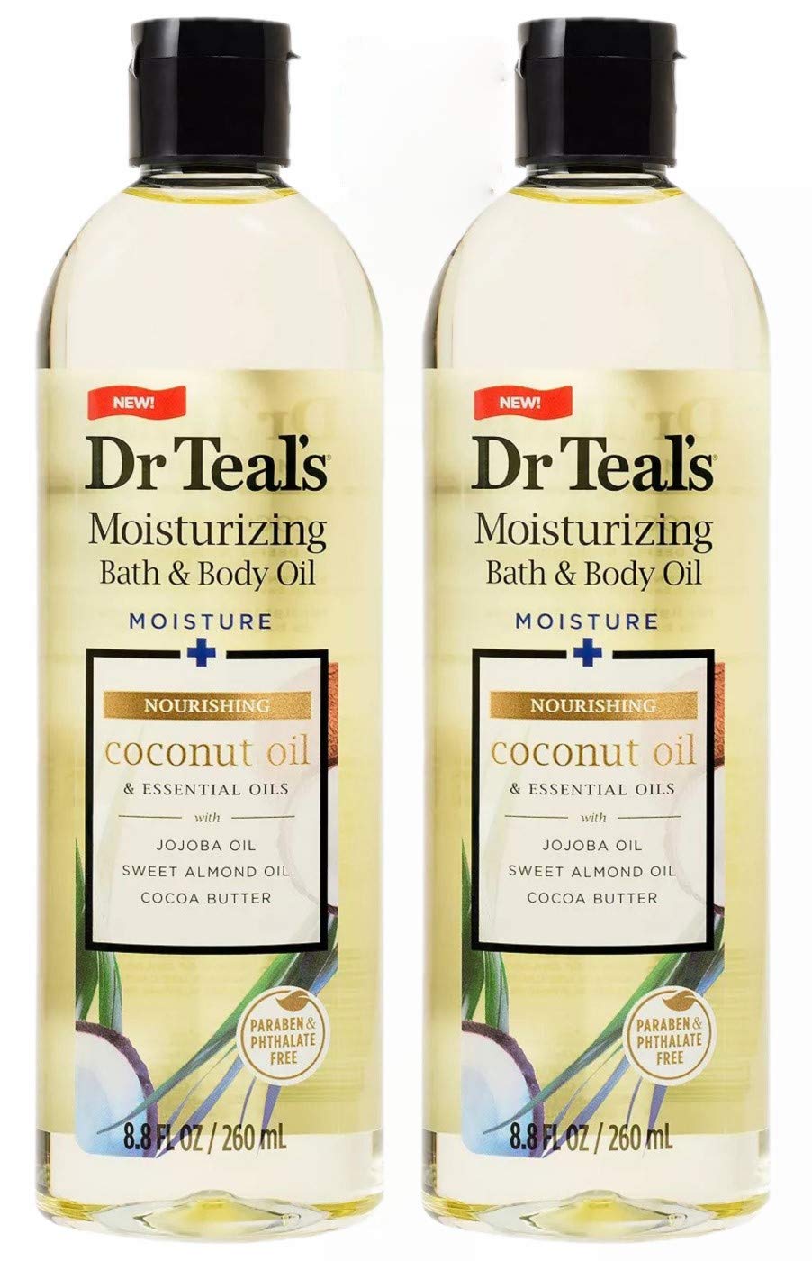 Dr Teal's Huile Bain Coco: deux flacons visibles pour hydratation après douche