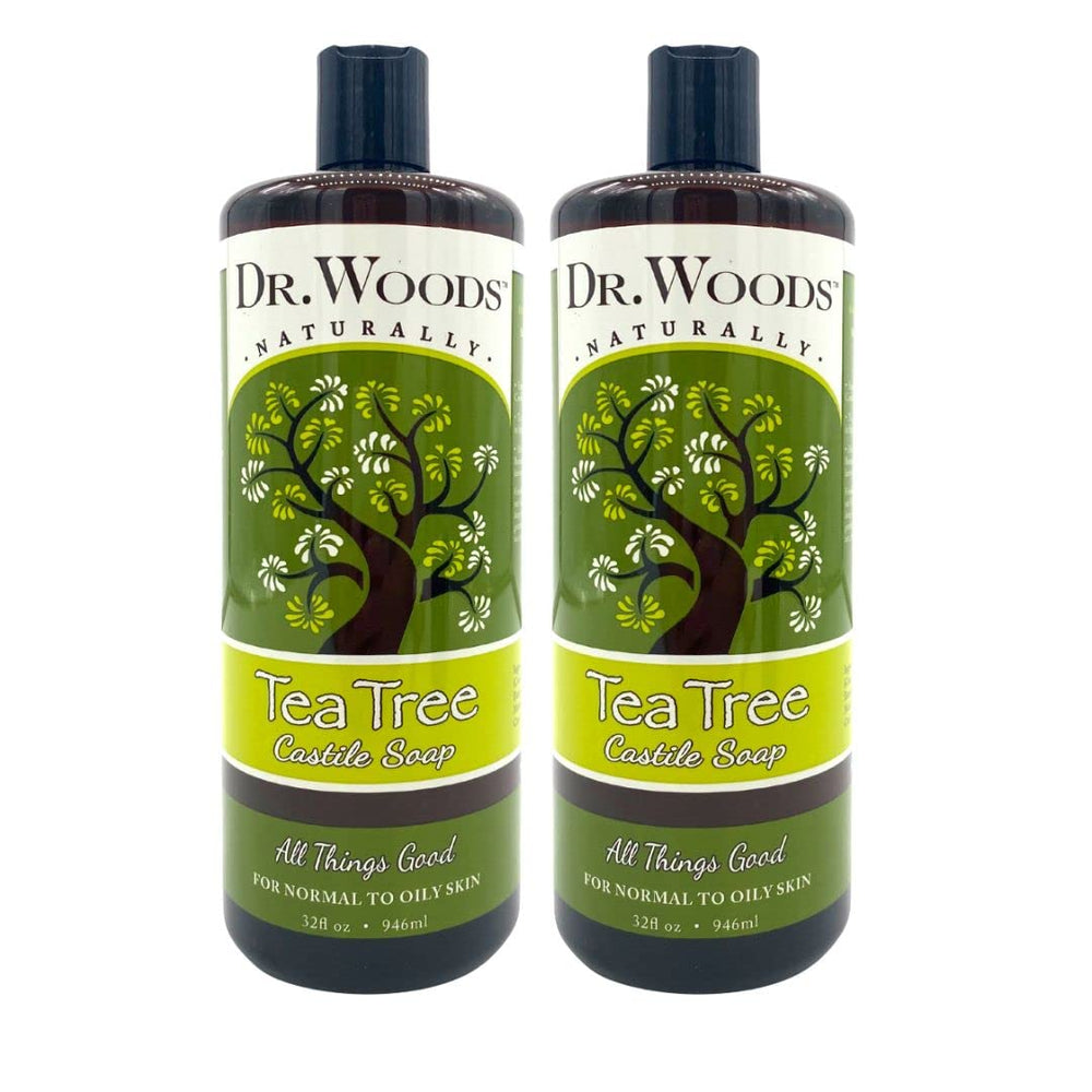 Dr. Woods Savon Castile à l'arbre à thé—bouteille idéale pour nettoyer peau et mains.