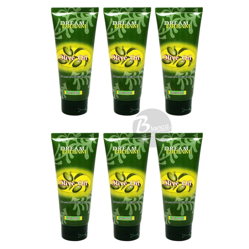 Dream Body huile d'olive 100ml, bouteilles visibles, hydratation légère pour peau douce.