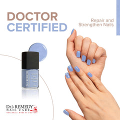 Dr. Remedy Enriched Nail Polish brush applying Periwinkle for quick-dry shine.