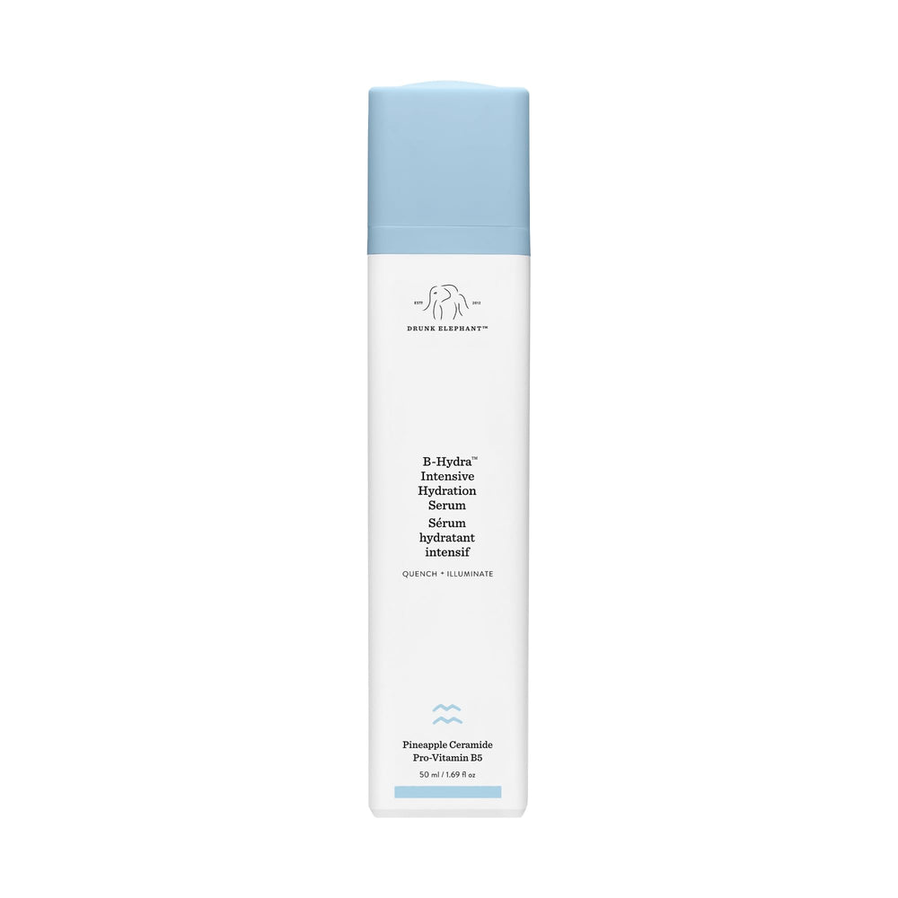 Drunk Elephant B-Hydra sérum, bouteille pompe, hydratation rapide pour peau sèche.