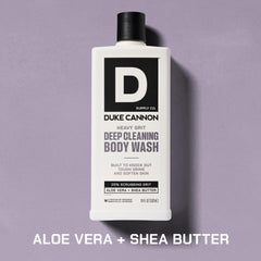 Duke Cannon Heavy Grit Body Wash: étiquette de l’emballage montrant le design industriel