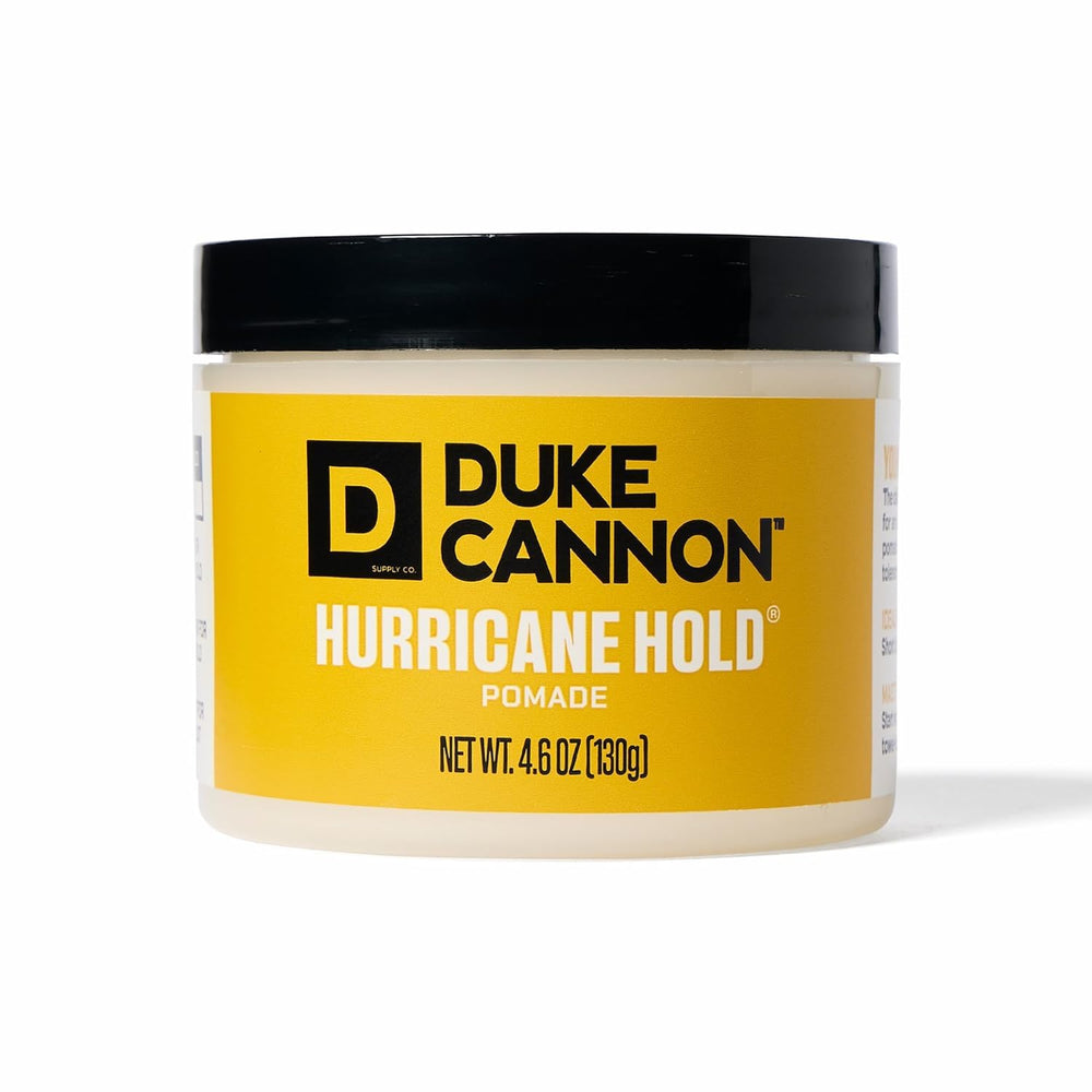 Duke Cannon Hurricane Hold Pomade tub shows extra-strong hold.