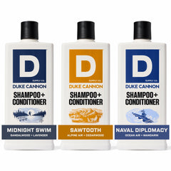 Duke Cannon Sawtooth – bouteille de shampooing et après-shampooing avec fragrance masculine durable.