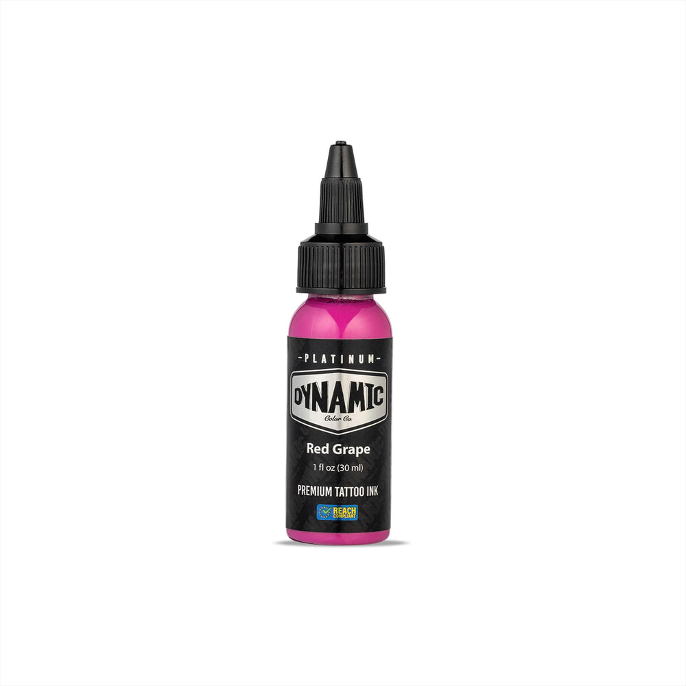 Dynamic Color Co Platinum Red Grape, bouteille 1 oz prête pour sessions tatouage précises.