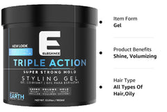E Elegance Earth Fragrance hair gel demonstrates strong hold for defined styles.