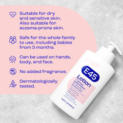 E45 Lotion adaptée au visage et au corps pour usage quotidien.