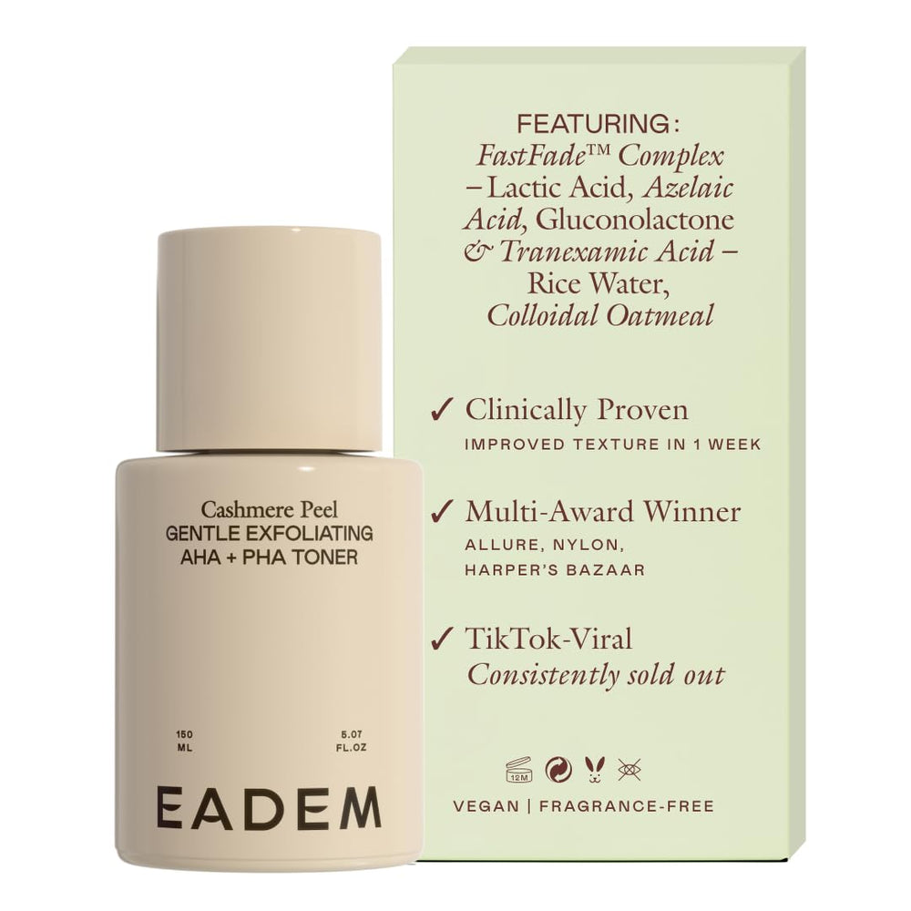 EADEM Cashmere Peel Toner flacon lait de riz et hydratation légère.