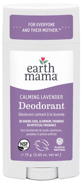 Earth Mama Calming Lavender Deodorant bottle close-up highlighting lavender scent for sensitive skin.