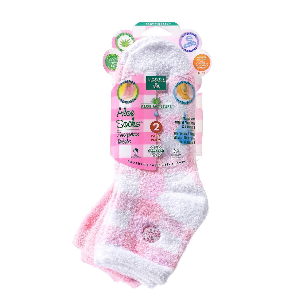 Earth Therapeutics Aloe Socks, chaussettes Aloe Rose Carreaux, hydratation douce des pieds.