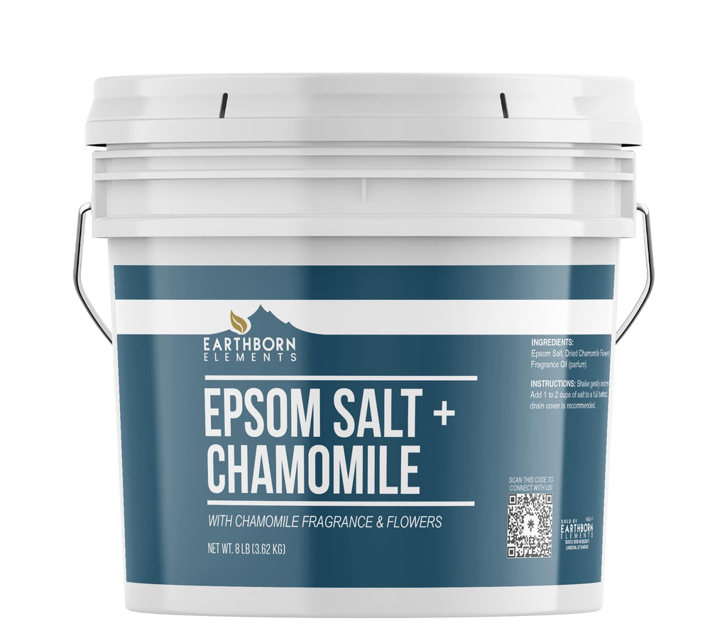 Earthborn Elements chamomille epsom sel dans un seau de 8 litres pour bain relaxant.