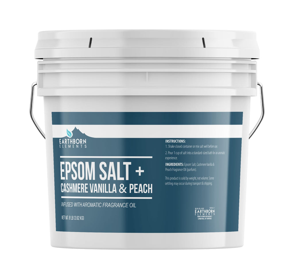 Earthborn Elements sel Epsom cashmere vanille pêche pour bain relaxant.