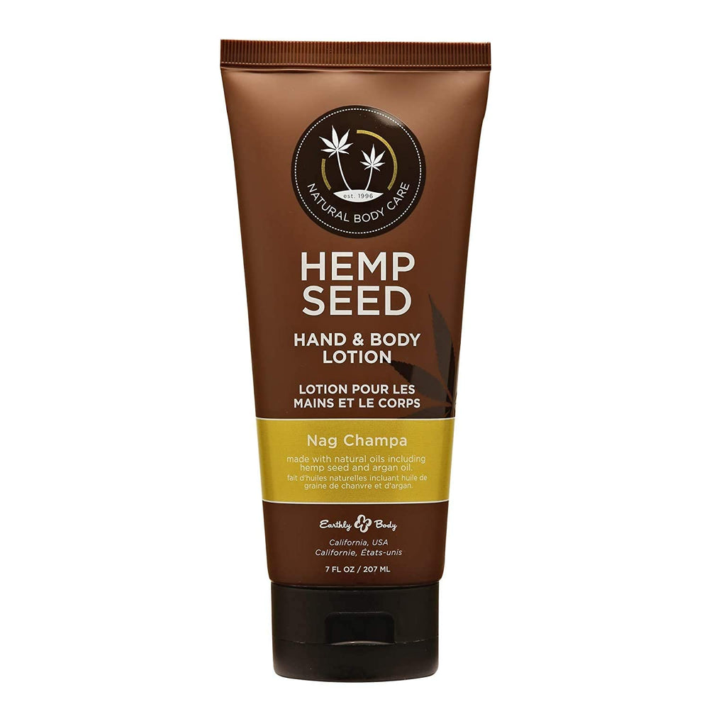 Earthly Body Hemp Seed Lotion Nag Champa – flacon et hydratation légère pour la peau.