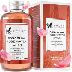 Éclat Skincare tonique eau de rose, bouteille élégante prête à hydrater le visage.