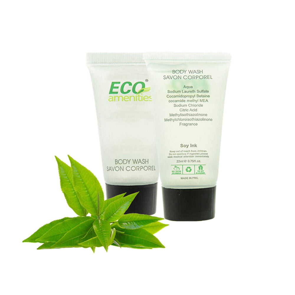 Gel douche ECO amenities miniature au thé vert, rafraîchissant et pratique pour voyage.