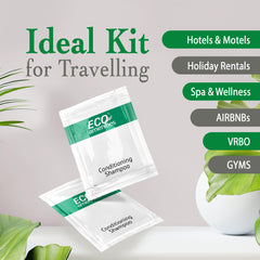 ECO Amenities sachets-shampoing-après-shampoing 2en1, 10ml, pratique en voyage.