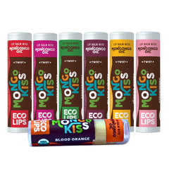 Mongo Kiss d’Eco Lips, tube gros format orange sanguin pour hydratation durable.