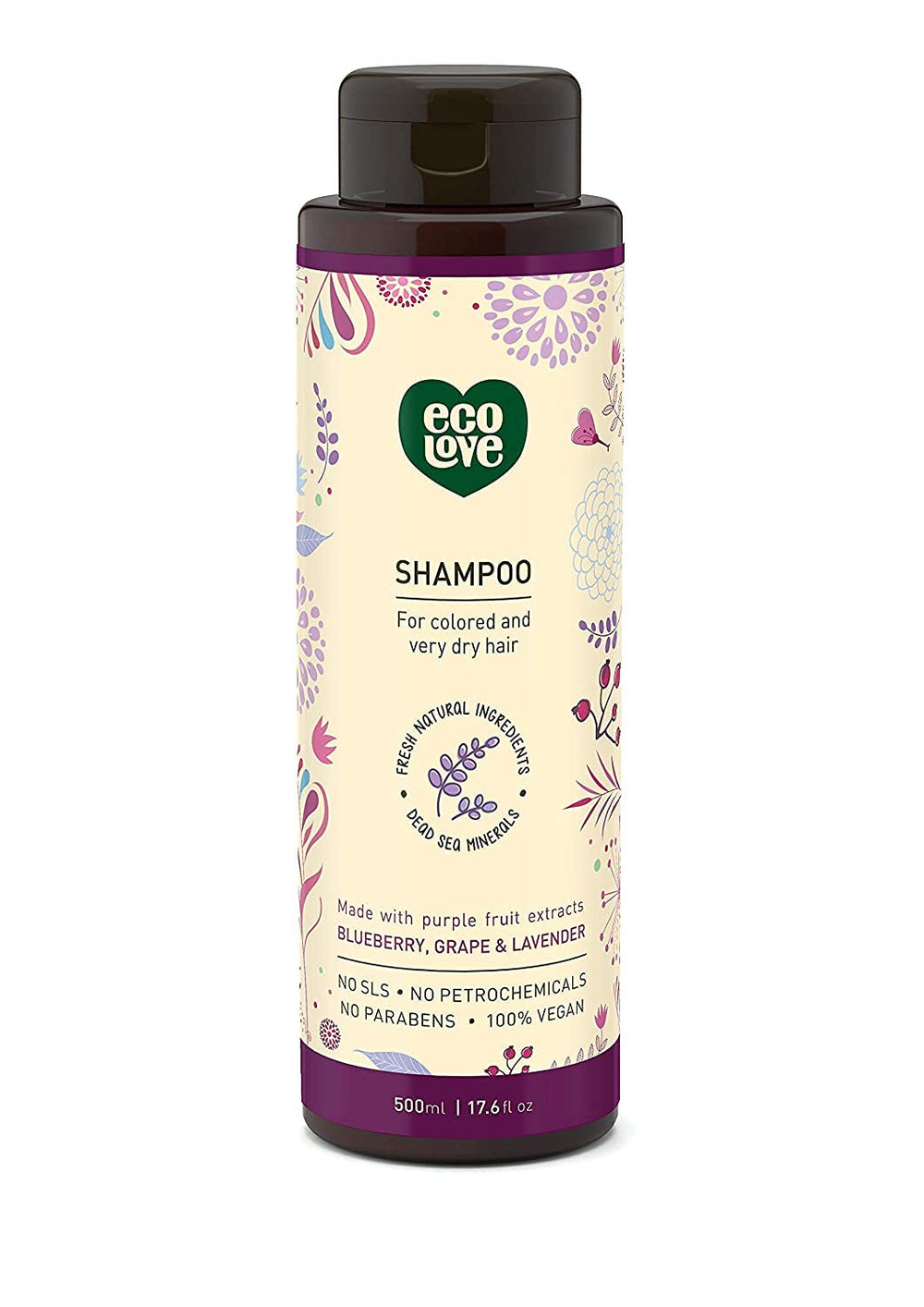Shampoing ecolove en bouteille myrtille-raisin-lavande, soin pour cheveux colorés.