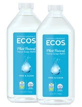 ECOS Squeaky Clean: illustration de la bouteille et recharge, pour des mains propres et sans parfum.