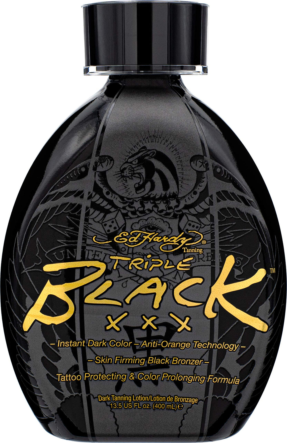 ED HARDY Black XXX Lotion – bouteille montrant un teint profond potentiel et durable