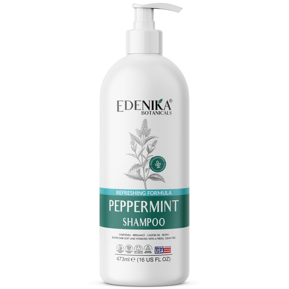 EDENIKA BOTANICALS Shampooing menthe bouteille: purifie le cuir chevelu et apporte fraîcheur.