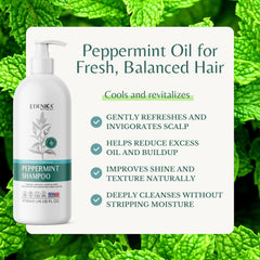 EDENIKA BOTANICALS Shampooing menthe etiquette: affiche les ingrédients naturels et les bienfaits.