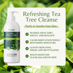 EDENIKA BOTANICALS Tea Tree Oil Body Wash label closeup highlights organic ingredients.