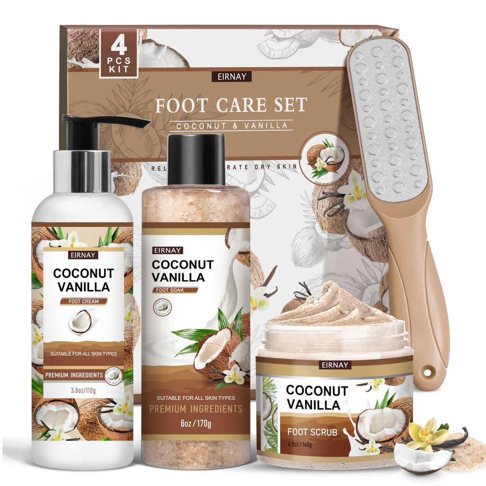 EIRNAY Sels-bain-pieds coco-vanille pour une hydratation douce des pieds.