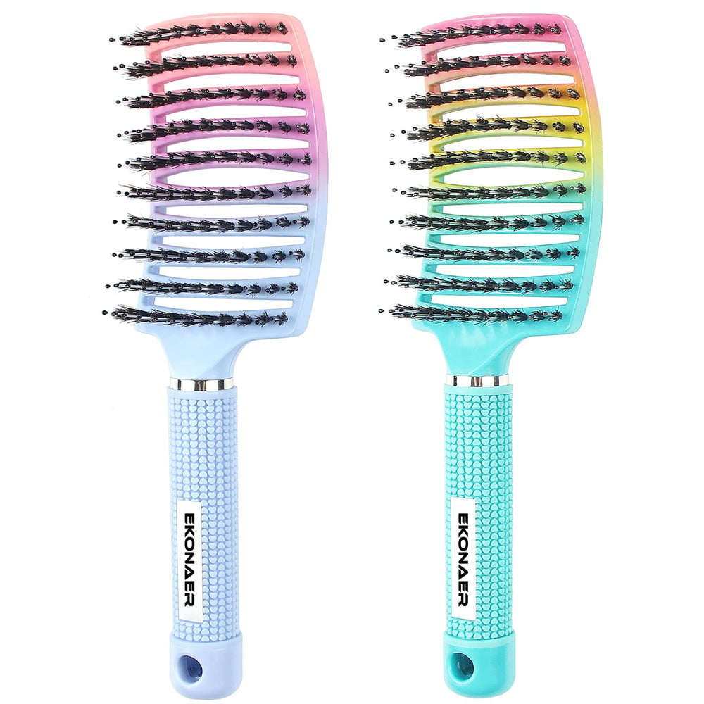 Brosse EKONAER démêlante, poils sanglier, vert et bleu pour cheveux lisses.