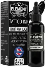 Nighthawk Noir d'Element Tattoo Supply, bouteille visible, tracés nets et tenue durable.