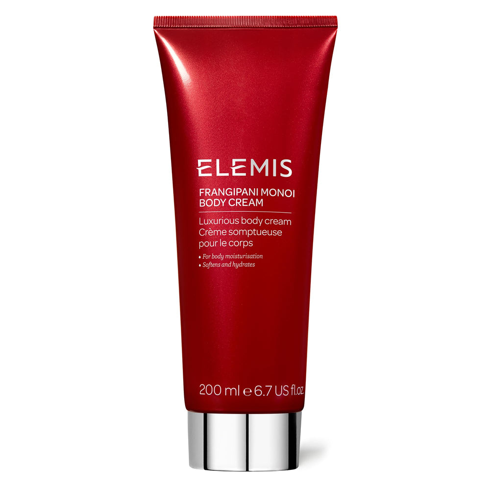 ELEMIS Frangipani Monoi crème pour le corps, flacon ouvert, hydratation intense et parfum exotique.