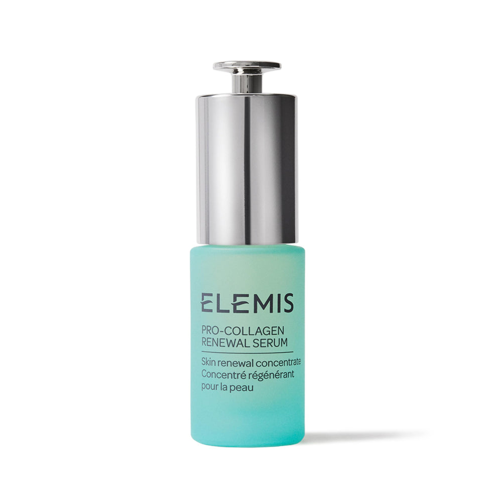 Sérum ELEMIS Pro-Collagen Renewal dans sa bouteille, peau plus lumineuse.