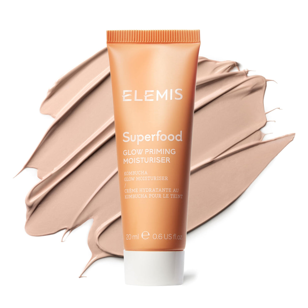 ELEMIS Superfood Glow Priming Moisturizer : bouteille élégante prête pour hydrater et préparer la peau.