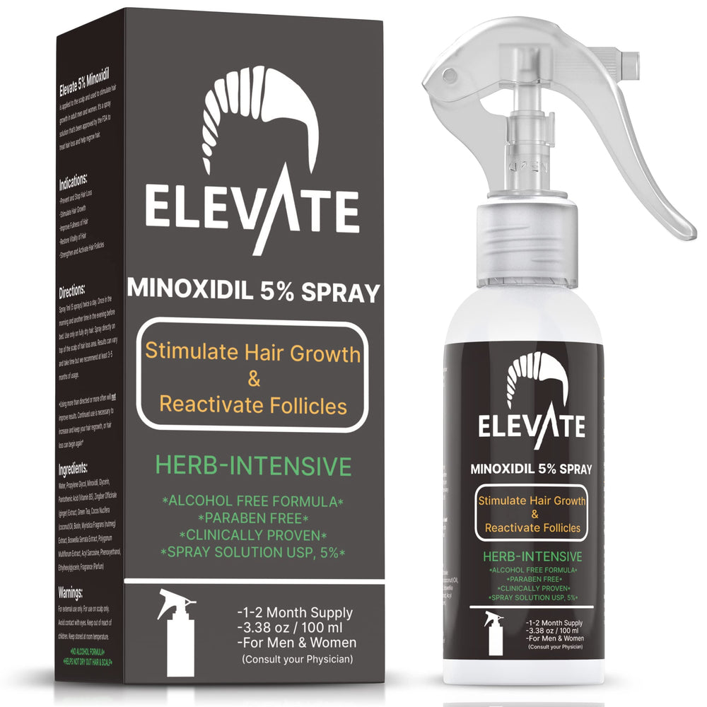 Elevate 5% Minoxidil spray bottle with non-greasy, quick-absorbing formula for daily use