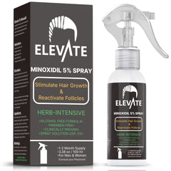 Elevate 5% Minoxidil spray bottle with non-greasy, quick-absorbing formula for daily use