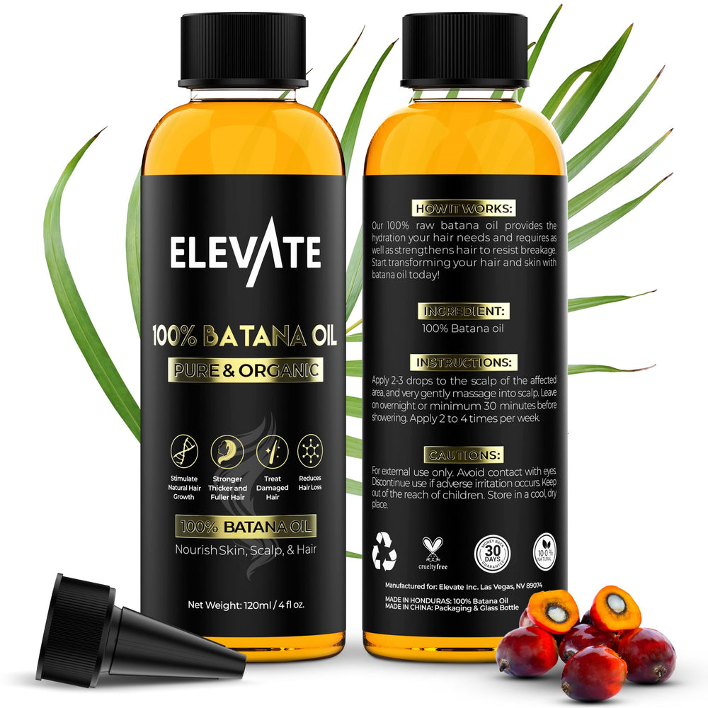 Elevate huile Batana en bouteille, soin capillaire naturel pour cheveux plus forts.