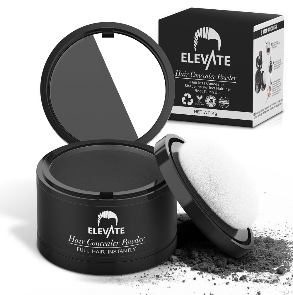 Elevate Poudre Ligne Cheveux Noire avec applicateur éponge pour une couvrance précise et naturelle.