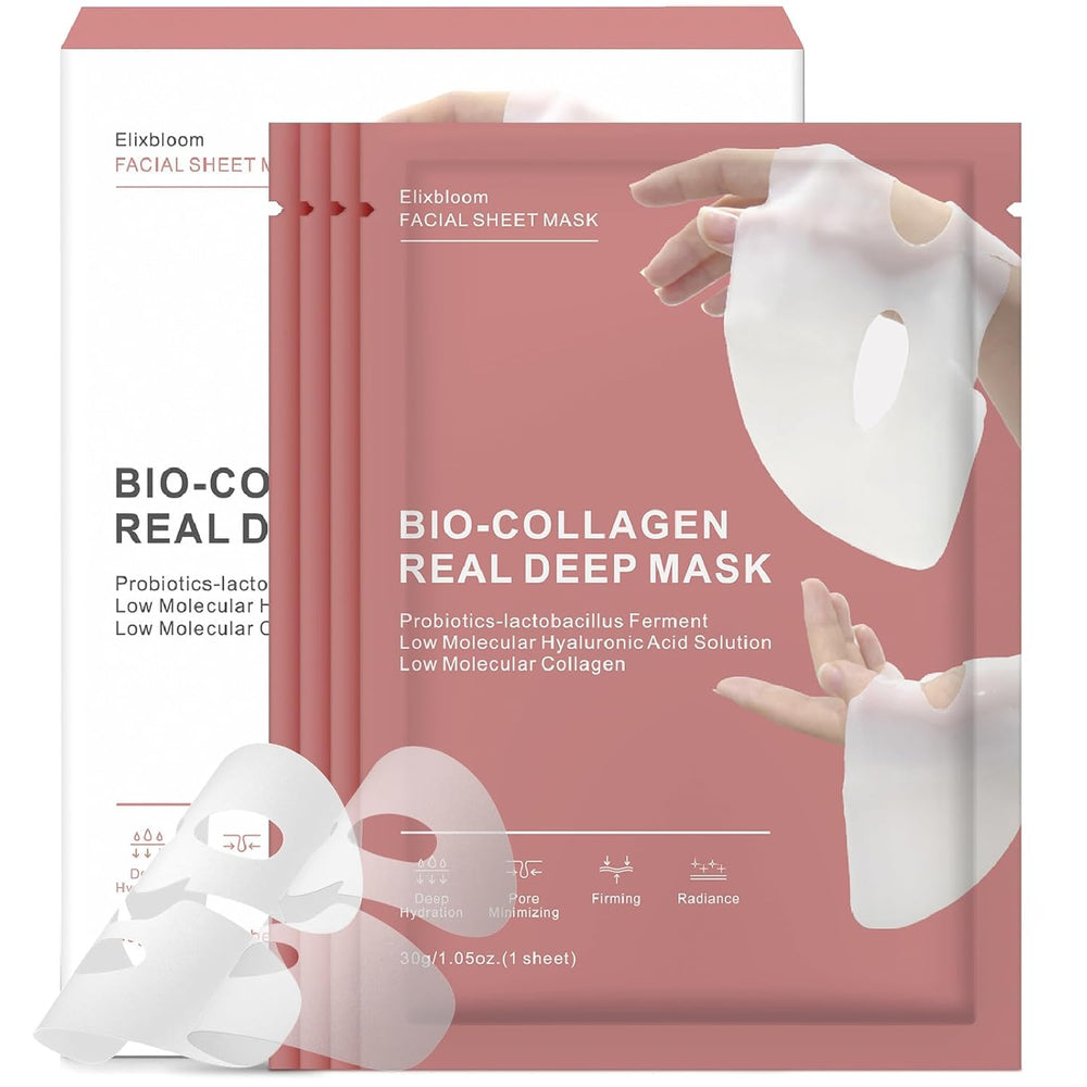 Elixbloom Bio-Collagen Face Mask offre une hydratation nocturne en profondeur pour peau repulpée.
