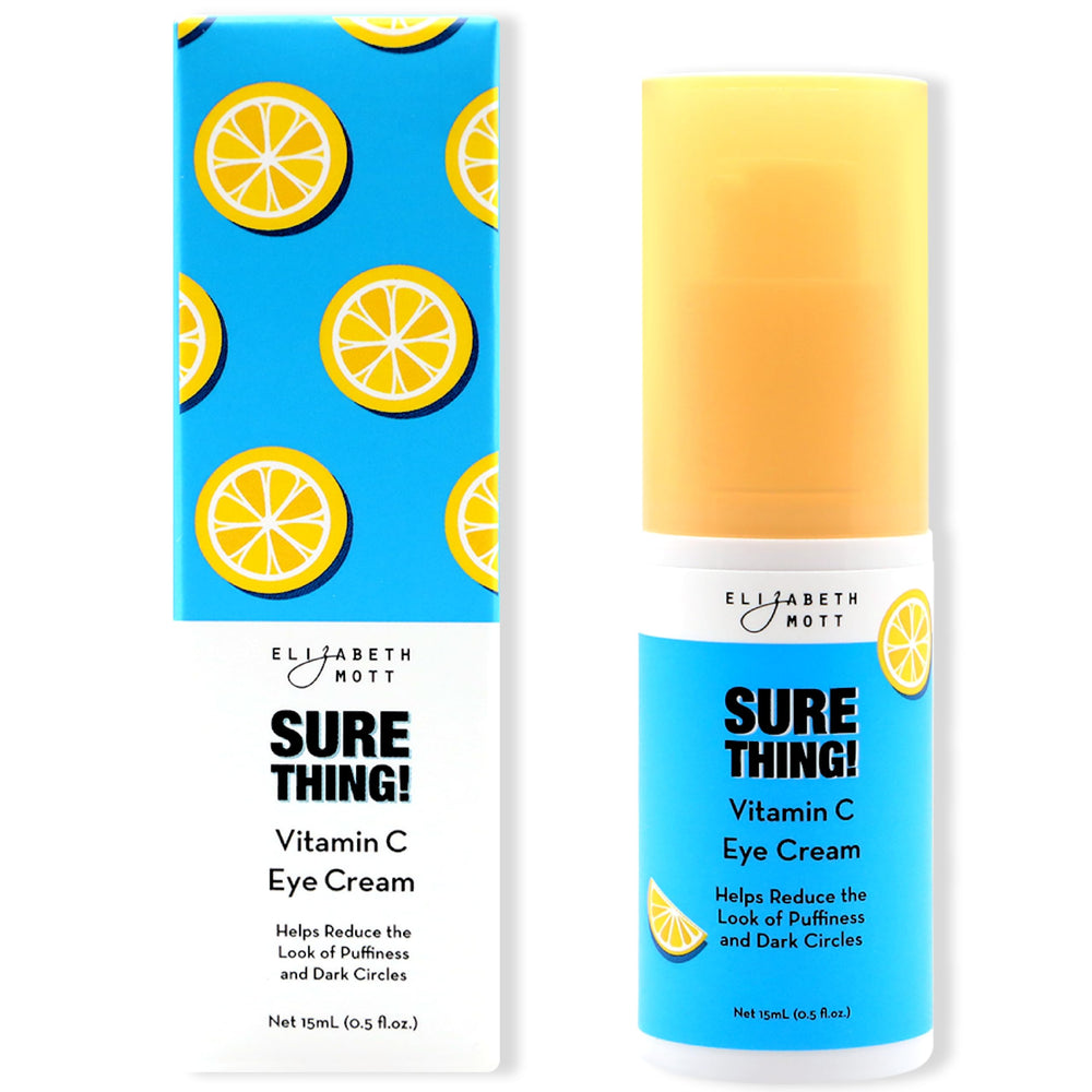 Elizabeth Mott Sure Thing Vitamin C Eye Cream jar closeup, silky texture for under-eye care.