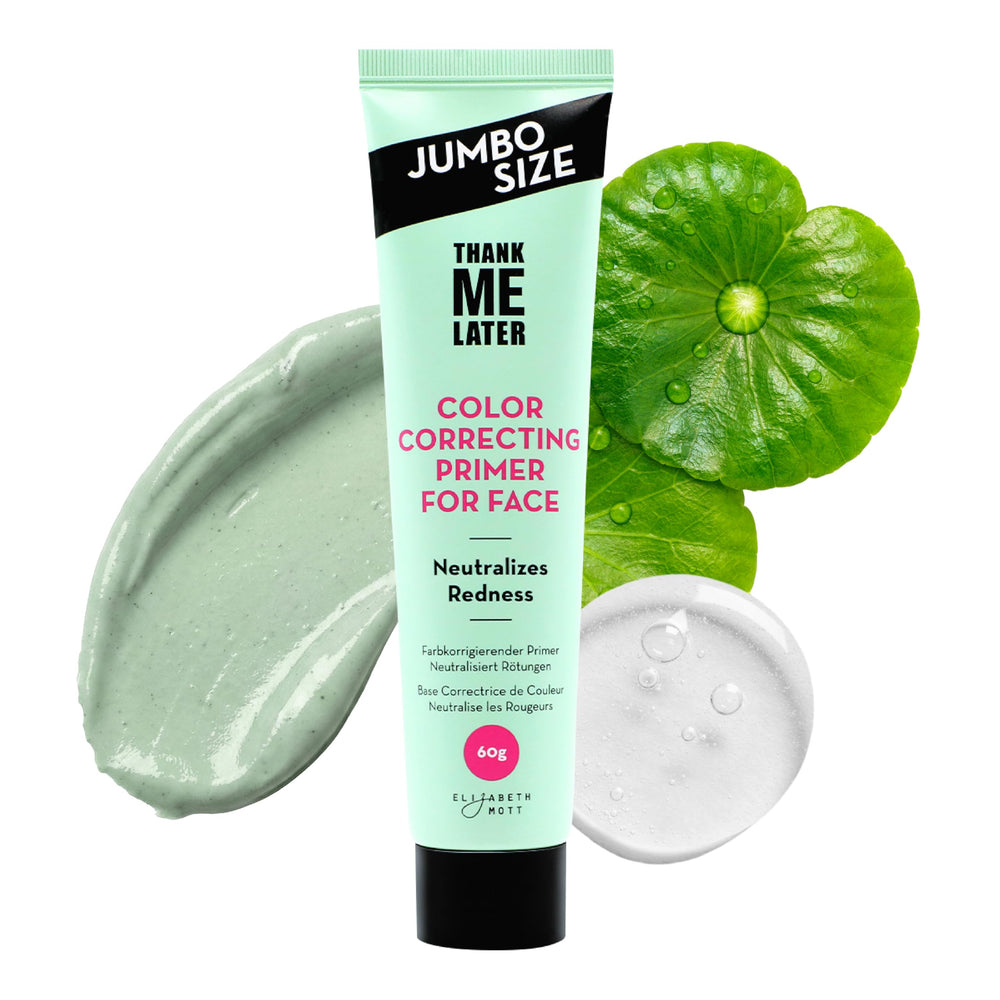 Elizabeth Mott Thank Me Later: bouteille verte illustre le correcteur de rougeurs pour un teint homogène.