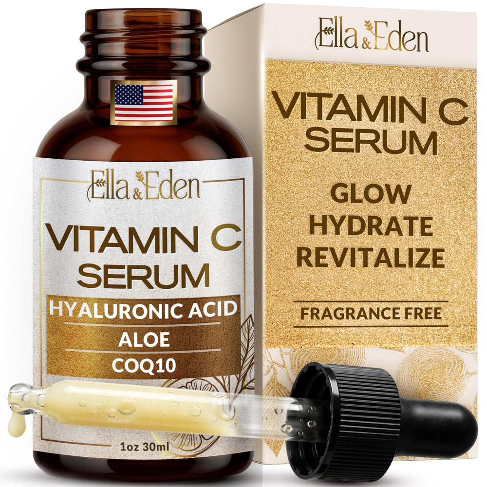 Ella & Eden Sérum vitamine C – visuel bouteille pompe, soin quotidien lumineux.