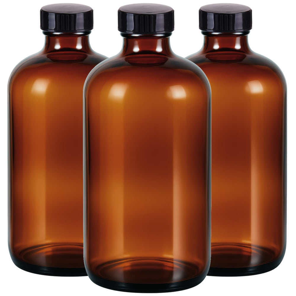 Bouteille Elumeiro ambrée ronde 16 oz prête à protéger les contenus sensibles.