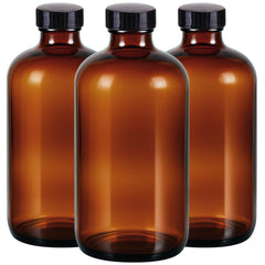 Bouteille Elumeiro ambrée ronde 16 oz prête à protéger les contenus sensibles.